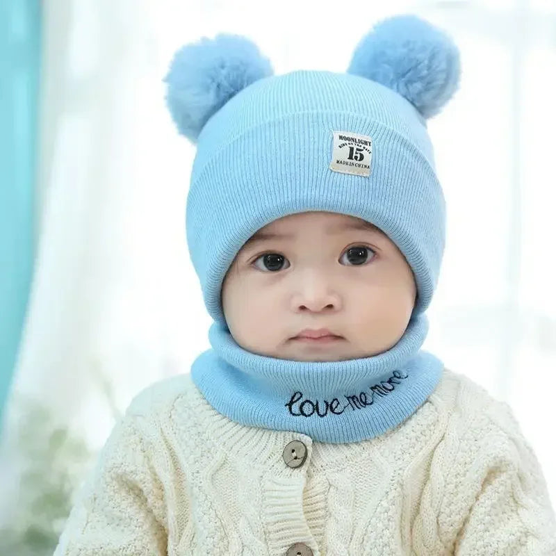 Autumn Winter Warm Baby Knitted Hats with Scarf Kids Knit Beanie Caps Solid Color Children's Hat Toddler Boys Girls Accessories