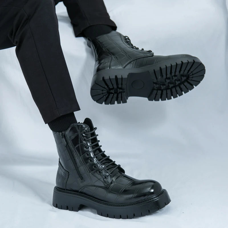 Luxury Brand Men's Autumn and Winter Crocodile Leather Side Zipper High Top Boots Fashionable New Men's Comfortable Short Boots