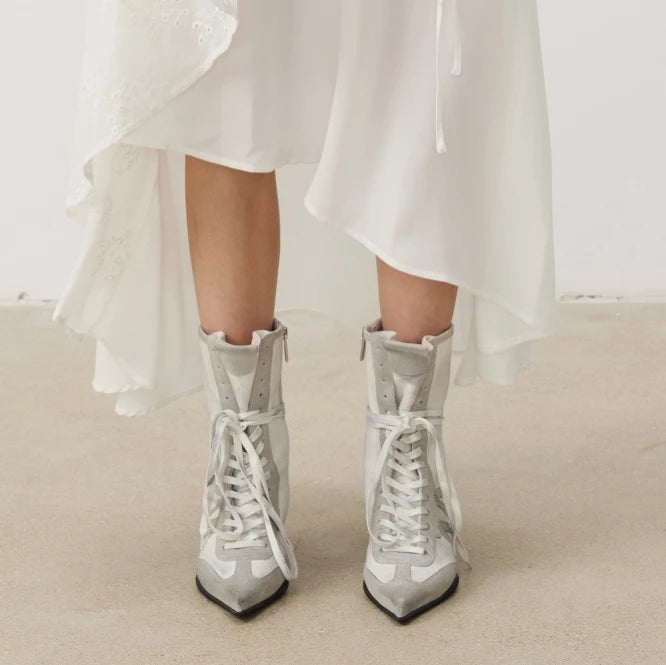 Pointed Toe Cross-tied Designer Women Boots Warm Strange Heel Retro Ankle Boots Zip Street Style Fashion High Short Boots Female