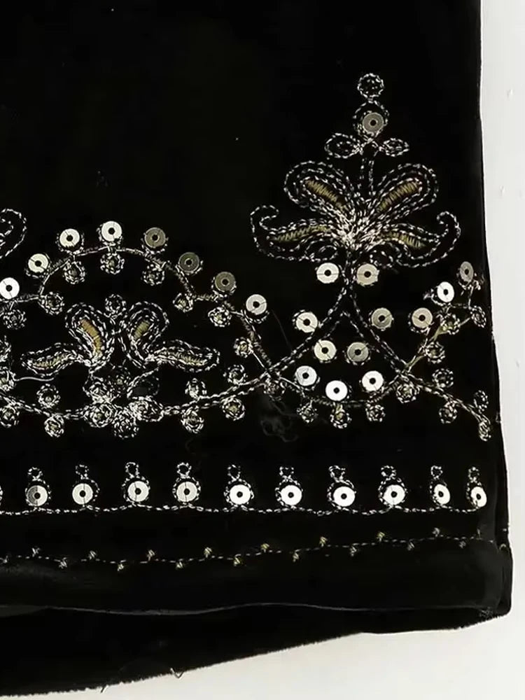 Women Fashion With Sequin Floral Embroidery Crop Waistcoat Vintage O Neck Sleeveless Female Outerwear Chic Vest Tops