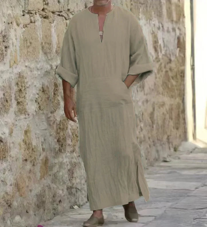 New 2026 Men Cotton Linen Long T-shirts Muslim Solid Casual Abayas Men Jubba Thobe Kaftan Arab Islamic V-neck Long Sleeve Robes