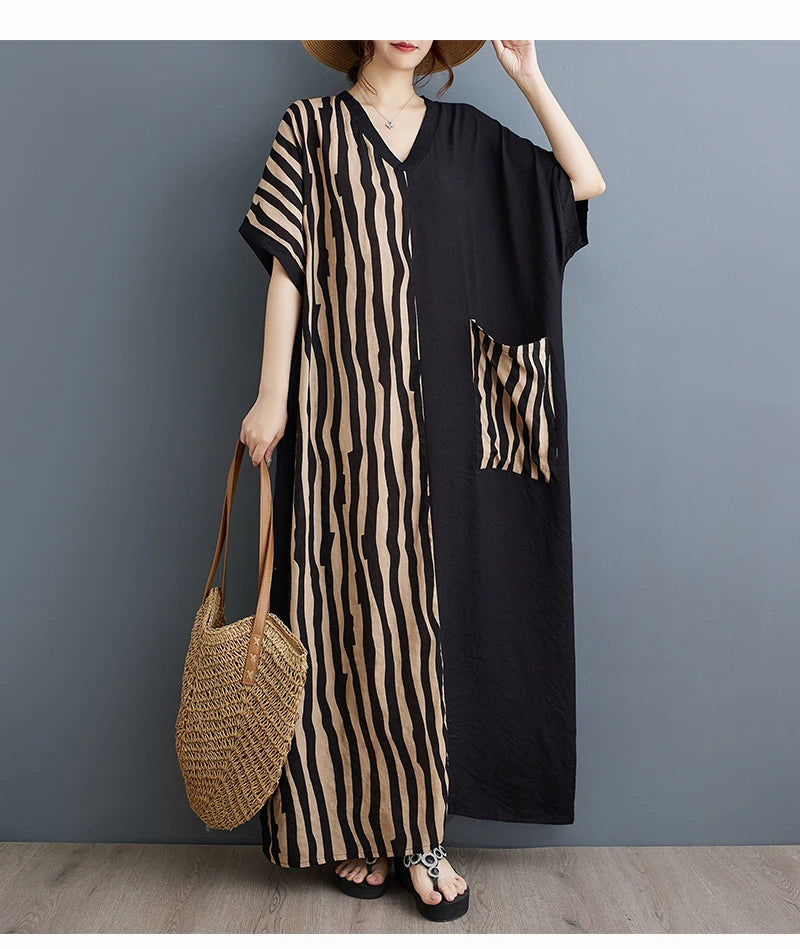 Long V-Ne ort Sve Printed Slimming Cotton Linen Dr Color Blo Casual Loose Fit Summer Faion plus Size Women