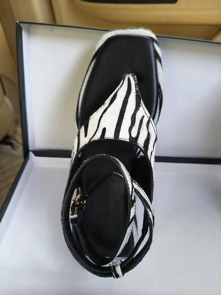 leather Trendy  Flip Flop Sandals Women Flat Heel Ankle Wrap Vacation Sandals Ladies Beach Shoes Zebra Print