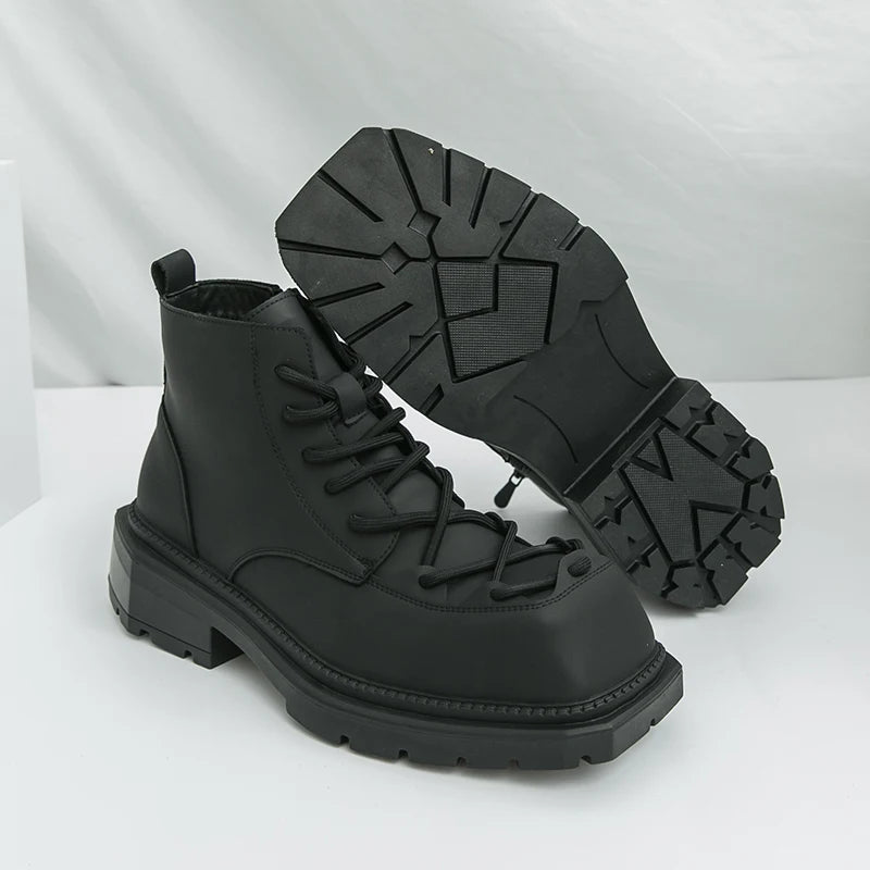 Autumn New Men Comfortable Lace Up Side Zipper High Top Leather Shoes Fashion Brand Round Toe Thick Soled Non Slip Outdoor Boots
