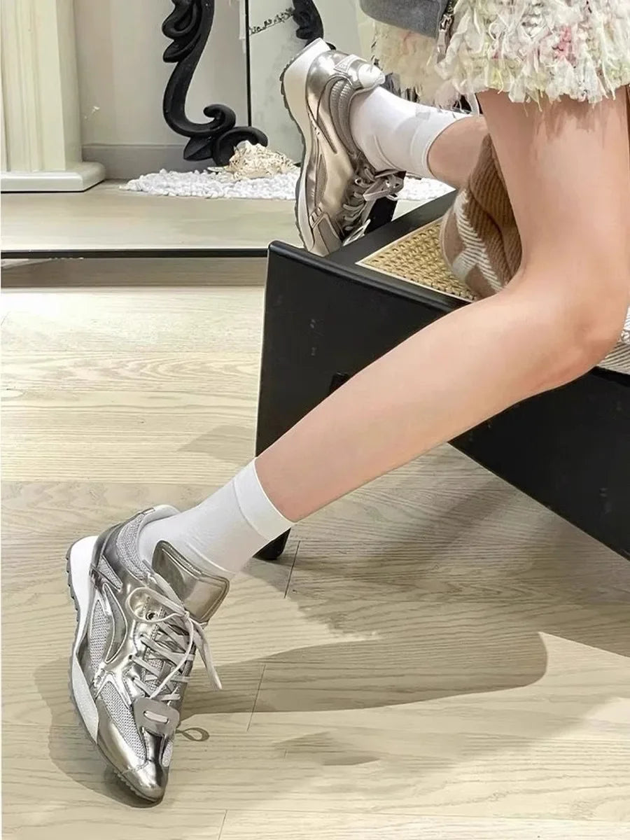 Trendy Pointed Toe Sport Shoes Heightening Gold And Silver Thread New Small Audience Design for Adult Women Summer Casual Shoes