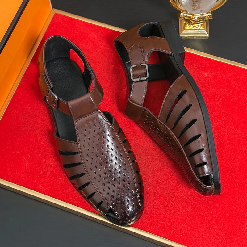 Brand's New Men's Summer Oversized Breathable Sandals Retro Pointed Men's Fashion Trend Hollowed Out Comfortable Leather Shoes