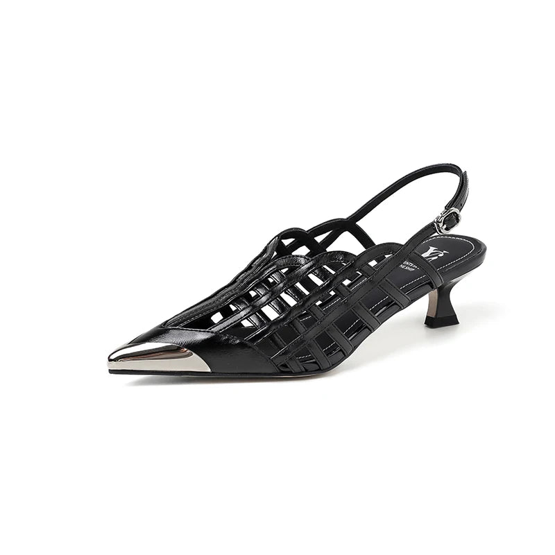 Sexy Real Leather Sandals Women Covered Metal Head Toe Narrow Band Sandals Ladies Party Dating Summer Med Heels