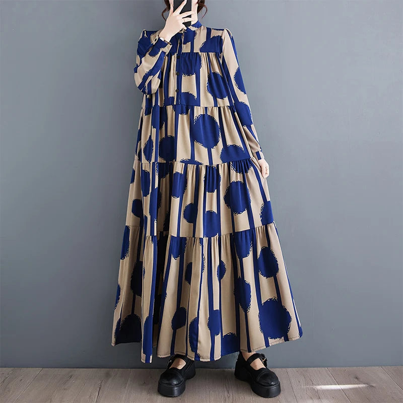 Ele Long Dr Women's Spring Autumn High Waist A-Line Polka Dot Print Maxi Skirt Faionable Bell Sve High Ne