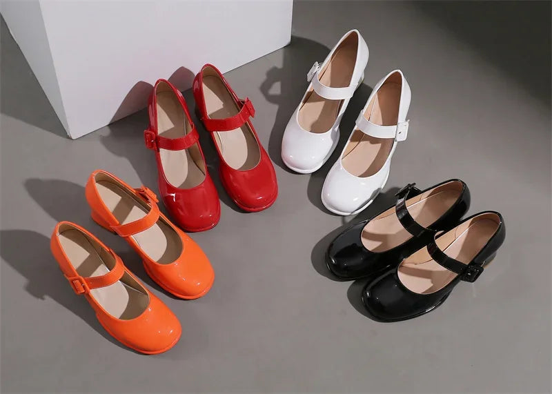 Spring Autumn Women Platform Mary Janes High Thick Heel Orange Red Patent Leather Dress Office Lady Round Toe Buckle Strap Pumps