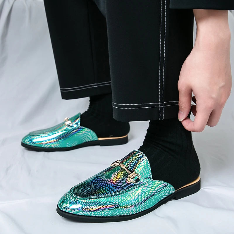 Fashion Brand Men's Cool Snake Skin Pattern Comfortable Half Back Leather Shoe Summer Men Breathable Bottom Casual Leather Shoes