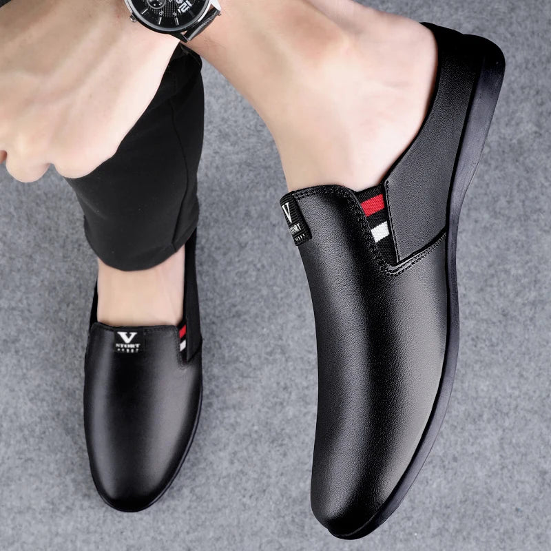 Men's Leather Black Half Leather Shoes Fashion Non-slip Half Trailer Men Sandals Moccasin Breathable Soft Flats Men Driving Shoe