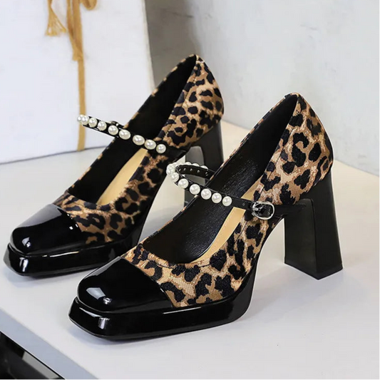 Fashion Leopard Printed Patchwork Pearls Women Pumps Spring Summer Platform Wedges Mary Janes High heels Chunky Dress Shoes