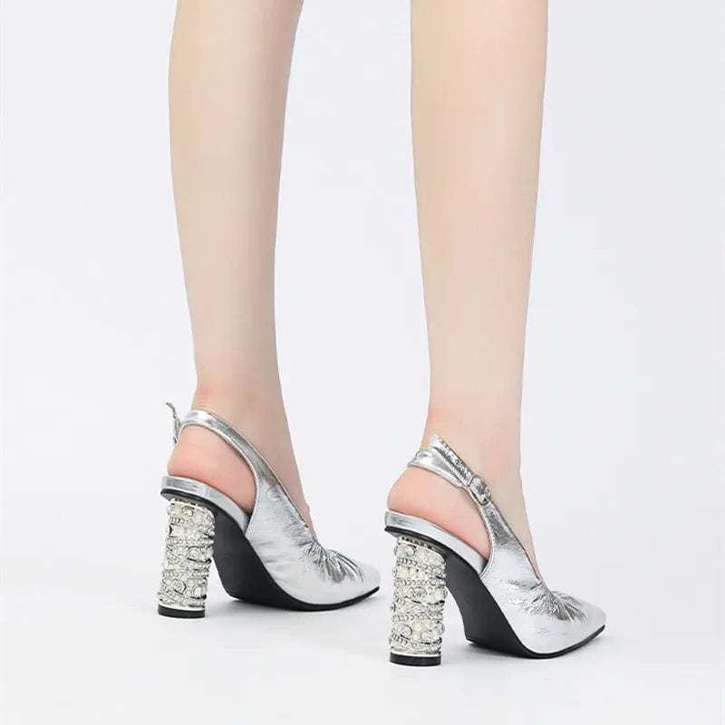 Luxury Pearls Rhinestones Genuine Leather Women Pumps Elegant Pointed toe Pleated Slingbacks High heels Female Party Dress Shoes