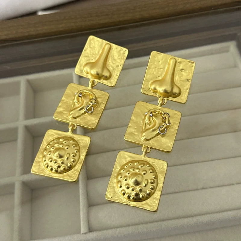French Retro Embossed Nose And Ear Square Patchwork Earrings Unique Fashionable Earrings Women Trendy Jewelry Accessories