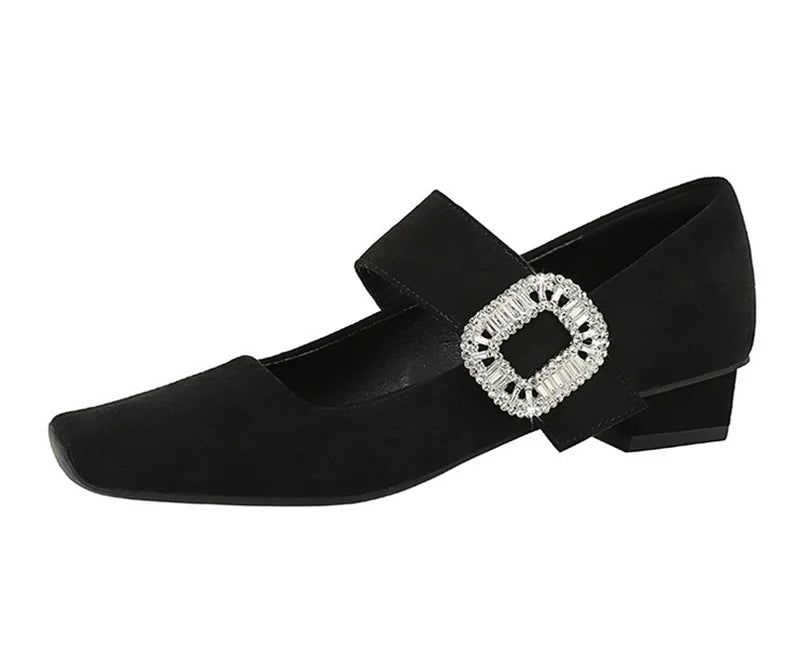 European American Style Banquet Suede With One Strap Marie Zhen Rhinestone Thick Heel Low Heel Square Toe Single Women Shoes