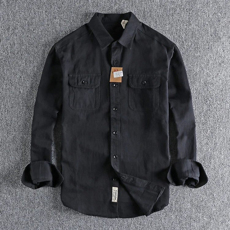 Autumn New American Retro Twill Woven Cargo Shirt Men's Fashion Pure Cotton Washed Old Long Sleeve Double Pocket Casual Blouses