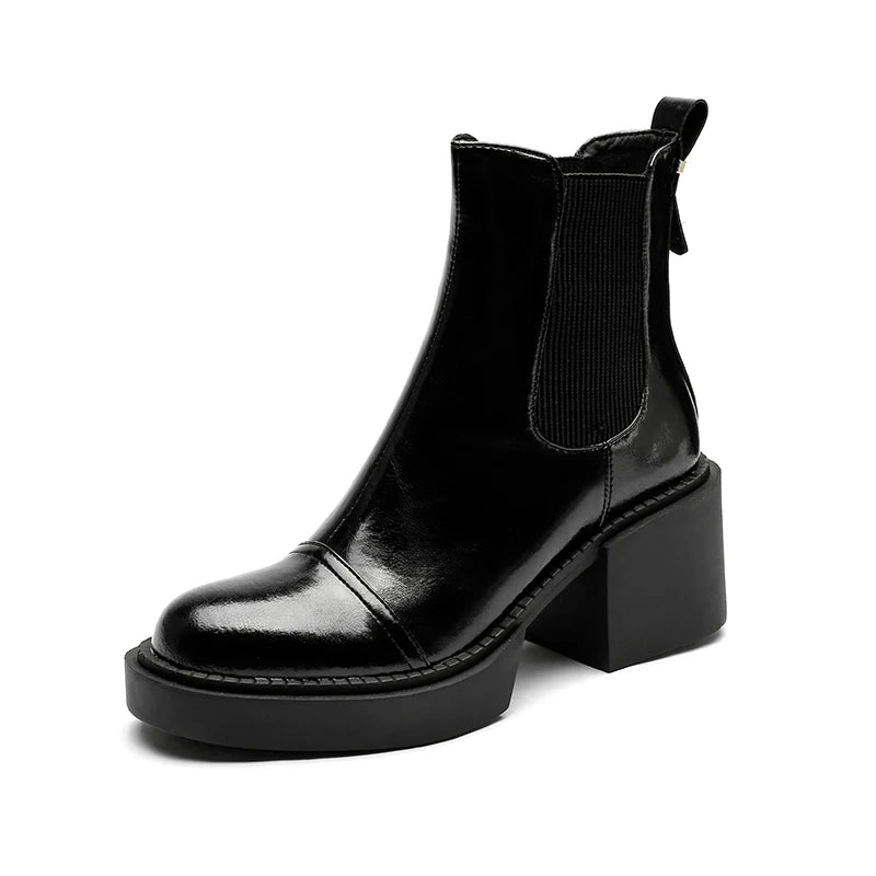 Winter Genuine Leather Chelsea Boots Women Shoes Retro Round Toe Women Platform Thick Heels Short Booties Autumn