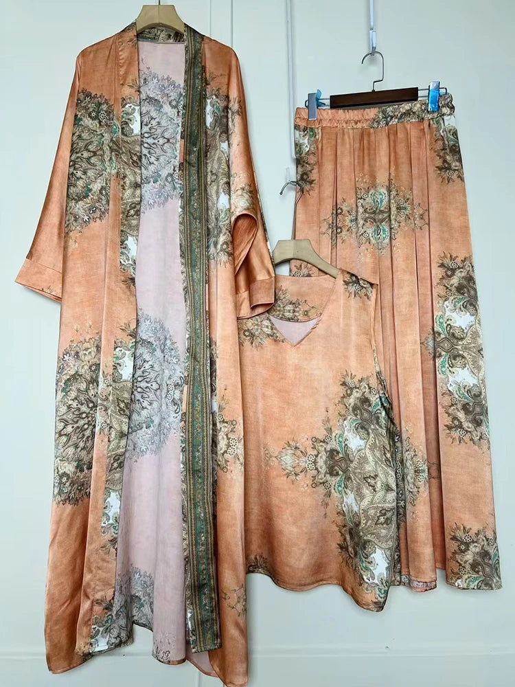 Retro positioning printed long cardigan+vest three piece set 2026 spring women's clothing+loose pants skirt fashion set