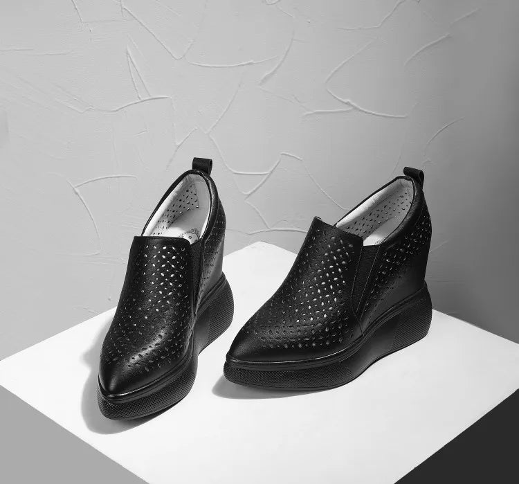 High Heels Hollow Out Shoes Casual Black White Women Sneakers Leisure Platform Shoes Slip-On Breathable Height Increasing Shoes