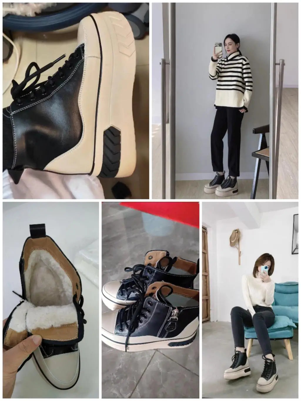 High Top Women Shoes Genuine Leather 8cm Platform Boots Ankle Wedge Hidden Heel Zip Autumn Warm Fur Winter Shoes Sneakers