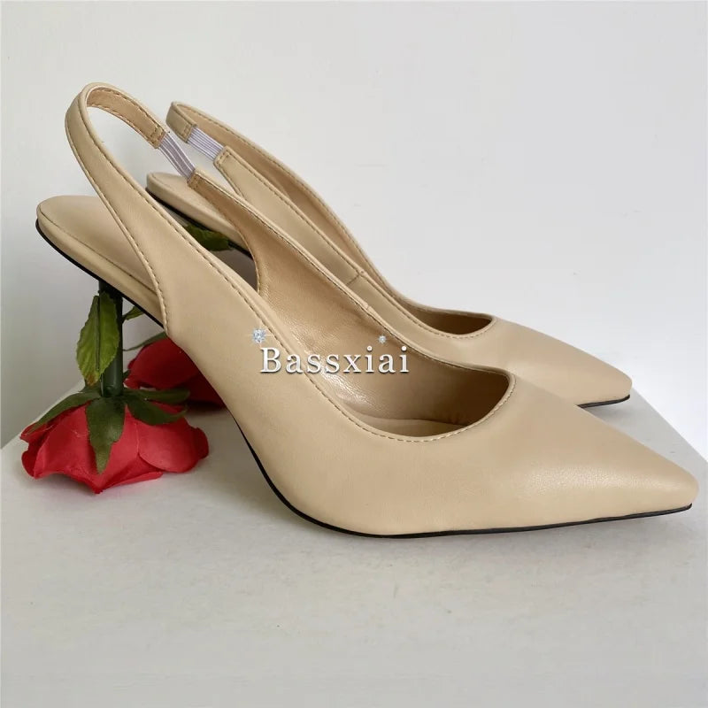 Unique Rose Flower Heel Women Pumps Genuine Leather Slingbacks Sexy Pointed Toe Dress Shoes For Girls