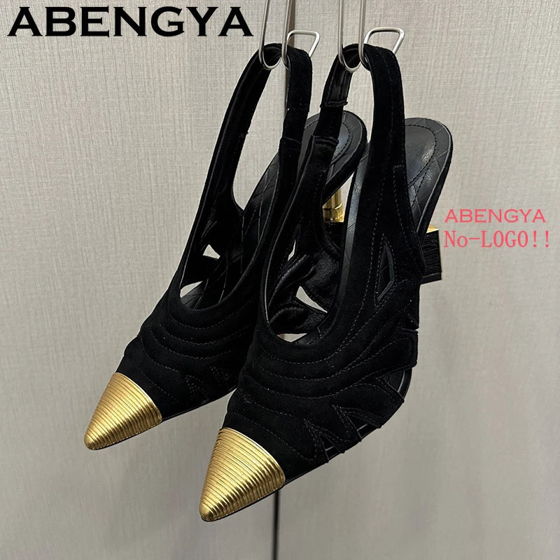 Fashion Strange High Heels Sandals Women Metal Pointy Toe Suede Slingbacks Pumps Summer Sexy Party Wedding Brides Shoes Female