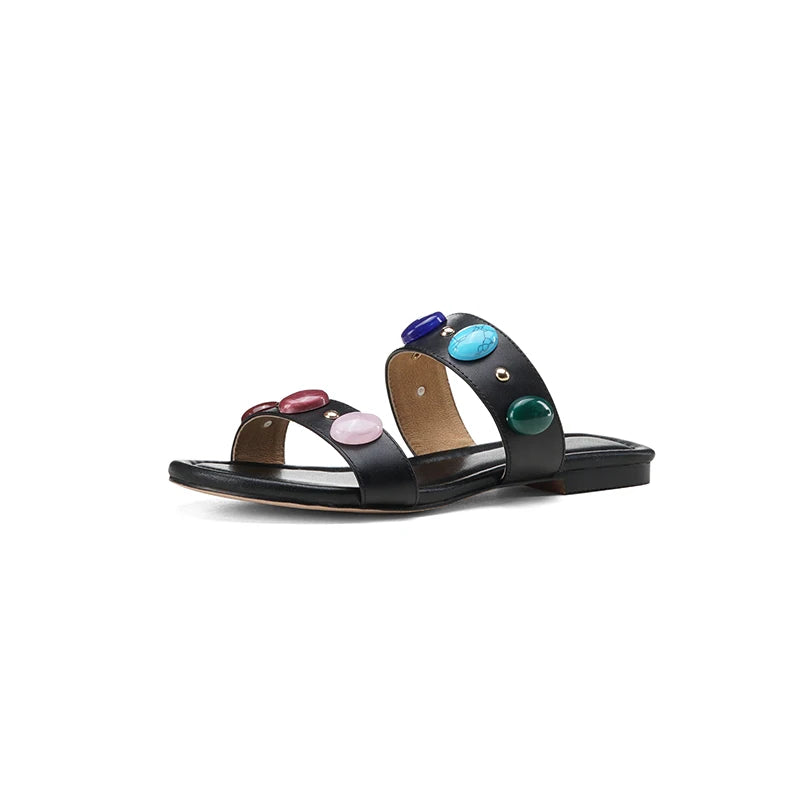 Dilalula Genuine Leather Bohemia Style Casual Slippers Women Peep Toe Low Heel Colorful Stone Decoration Slides Female Beach