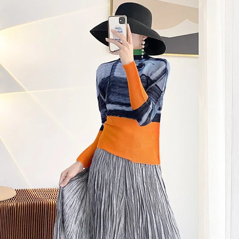 Miyake Pleated Contrasting Colors T-shirt Women Half Turtleneck Skinny Pullover 2025 Summer Fashion Female Clothing