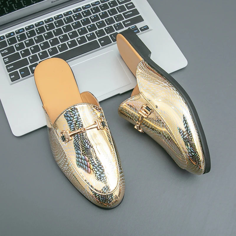 Fashion Brand Men's Cool Snake Skin Pattern Comfortable Half Back Leather Shoe Summer Men Breathable Bottom Casual Leather Shoes
