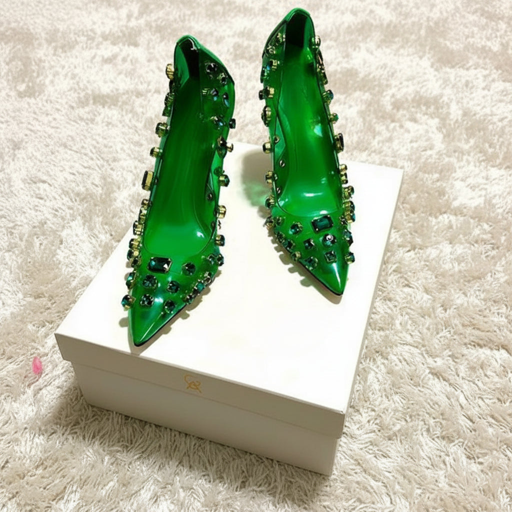 Sparkling Green PVC Crystal Decor Luxury Pumps Thin High Heel Women Shoes Slip On Pointed Toe 2024 Fashion Zapatos Para Mujere