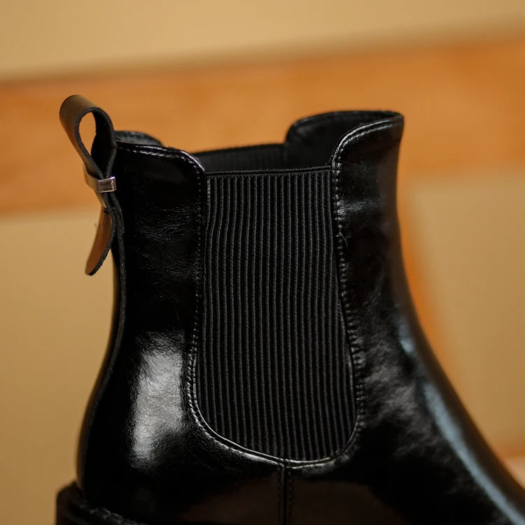 Winter Genuine Leather Chelsea Boots Women Shoes Retro Round Toe Women Platform Thick Heels Short Booties Autumn
