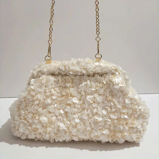 Luxury Pearlescent Sequin Elegant Clutch Purse,Niche French Designer Dumpling Cloud Hobo Evening Bag,Crescent Women Handbag