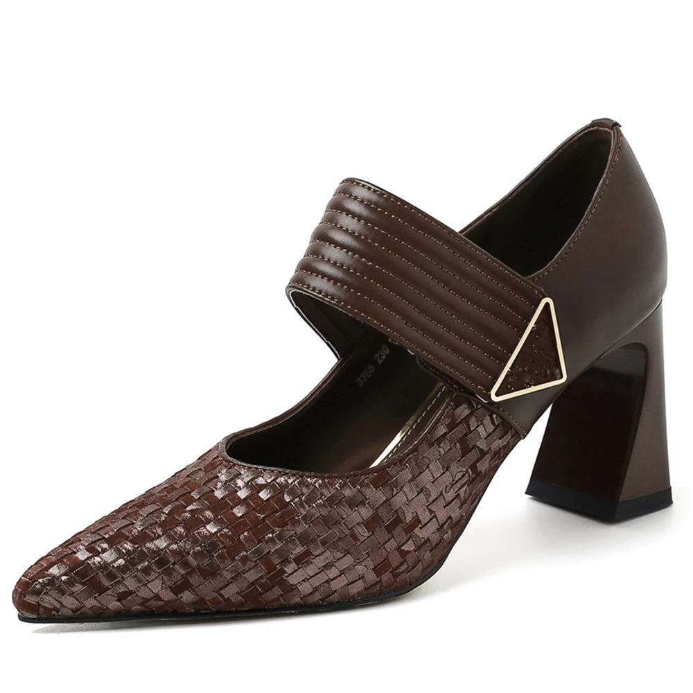 Aucegi Classic Chunky Hight Heels Woman Genuine Leather Woven Cow Suede Pumps Pointed Toe Elegant  Magic Paste Party Shoes