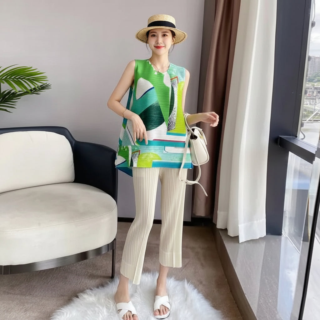Woman Top Clothes Miyake Pleated Fashion Age-reducing Printed Vest top Large Size T-shirt Short Loose Design Shirt Summer