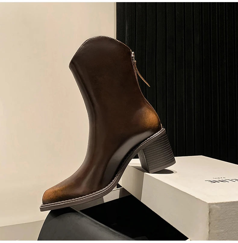 Ods New Women Genuine Leather Pointed Toe Knee High Boots Black White Brown Side Zipper Female Shoes Thick Heel Plus Size 42
