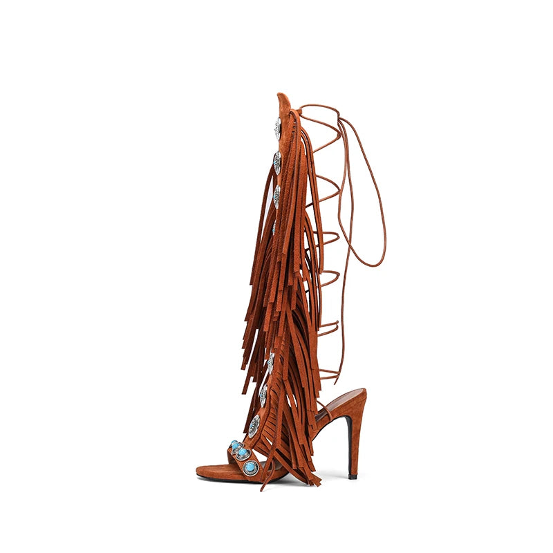 Summer Sandals cow suede leather tassel women sandal peep toe sexy lace up knee high shoes US size