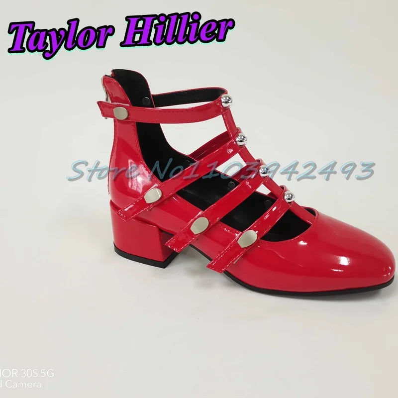 Gladiator Green Heeled Sandals Rivets Women Designer Luxury Shoes Patent Leather Solid Sandalias De Mujer Roman Strappy Palace