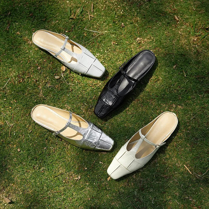 Genuine Leather t-strap Slippers Women Covered Toe Low Heel Slides Ladies Summer Vacation Slippers Female