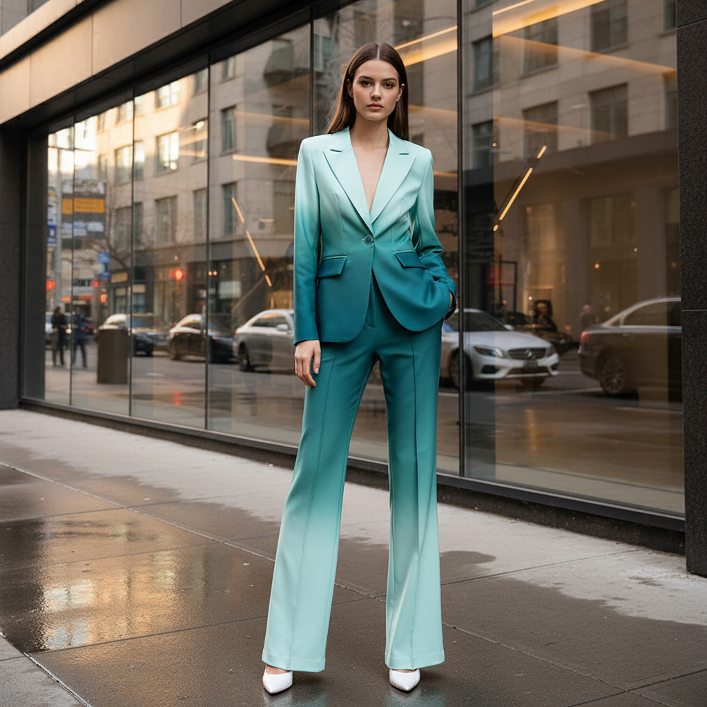 HIGH STREET Newest Fashion 2026 Designer Suit Set Women's Gradient Color Printed Single Button Blazer Flare Pants Suit 2pcs