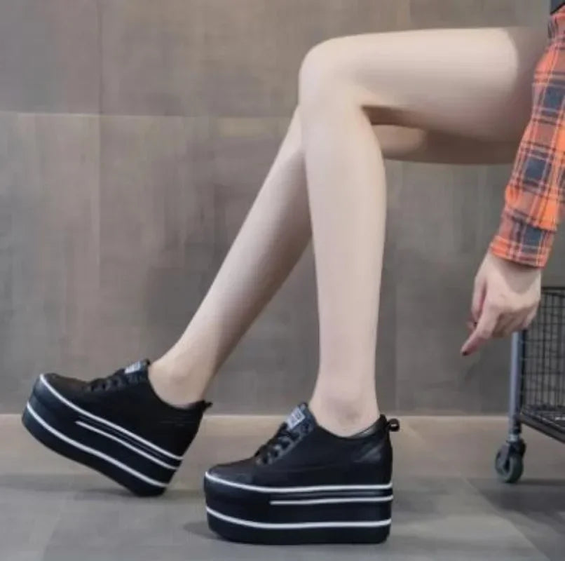 Fashion 10.5cm High Thick Heel Platform Flats Women Casual Shoes Genuine Leather Soft Quality Casual Shoe Sneakers White Black