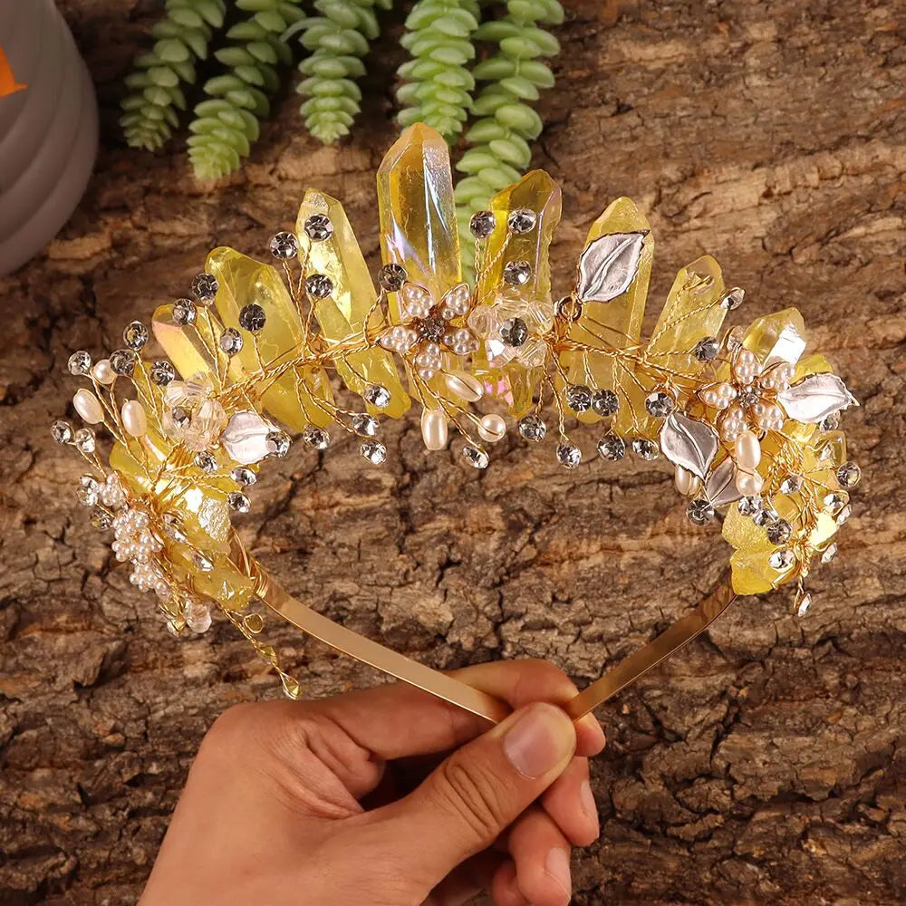 Natural Amethyst Quartz Crown Raw Stone Wand Hairpin with Flower Rhinestone Hand Crafted Women Hair Band for Party Birthday Gift