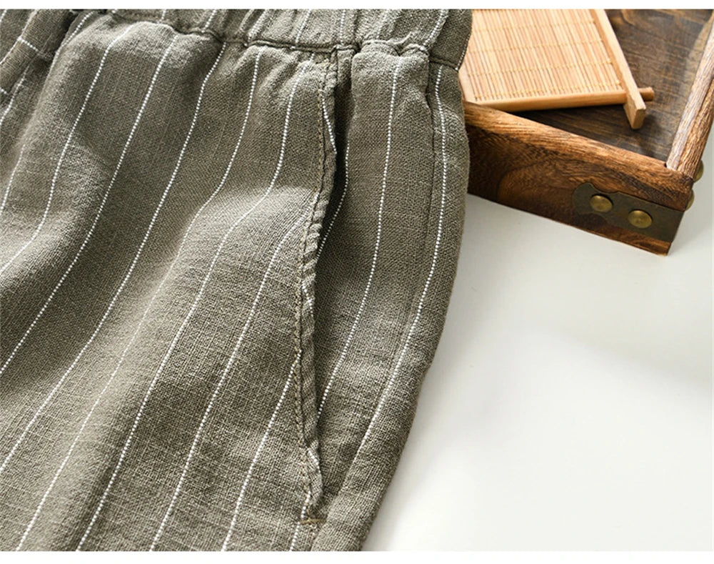Summer cotton linen men's beach shorts loose fit breathable ramie striped straight daily causal pants for men