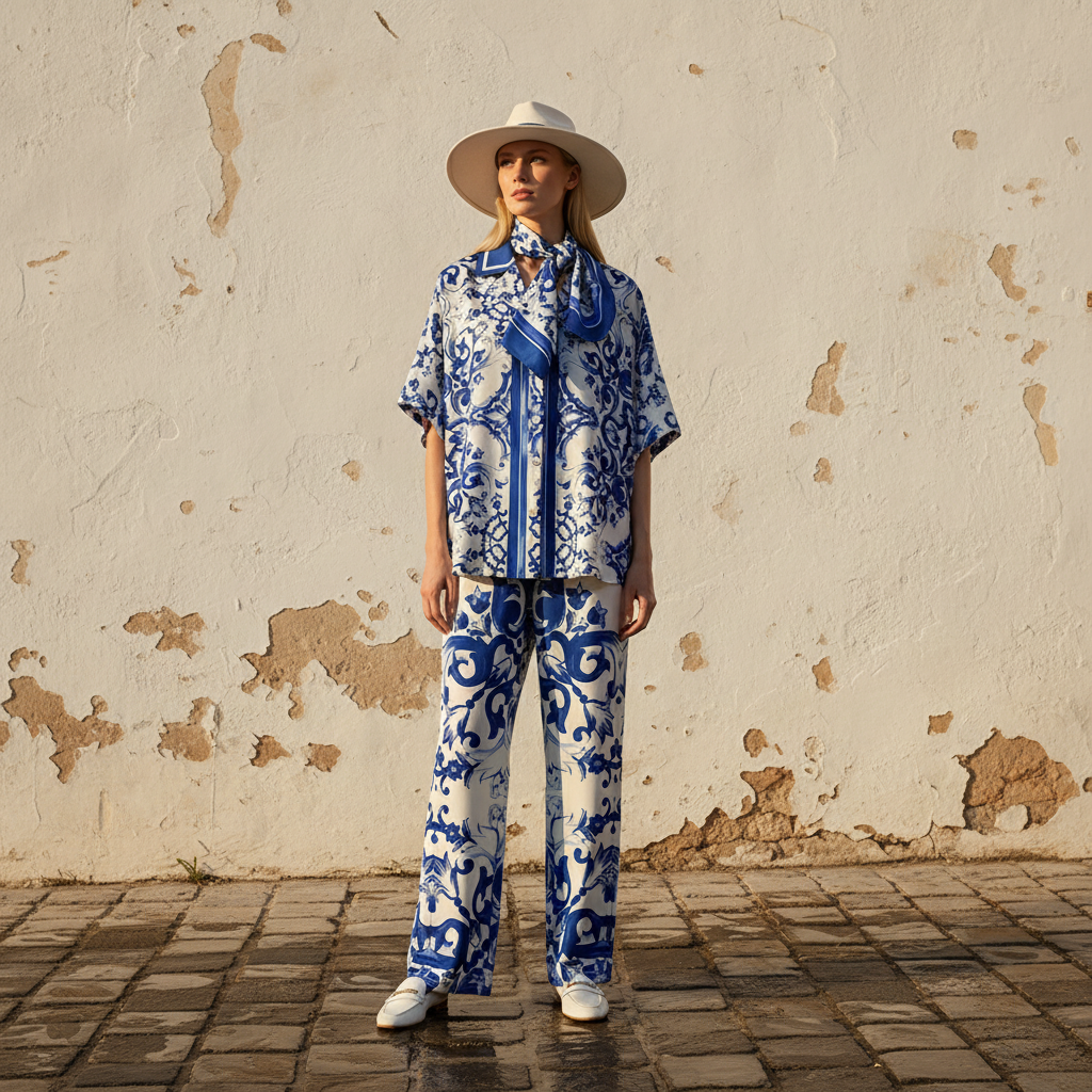2026 women's retro geometric printed pajama style shirt two-piece set+elastic knitted cropped pants fashion set+scarf
