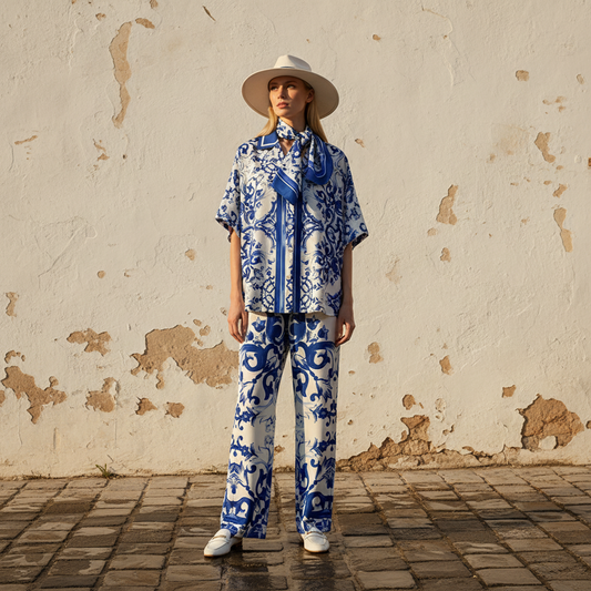2026 women's retro geometric printed pajama style shirt two-piece set+elastic knitted cropped pants fashion set+scarf