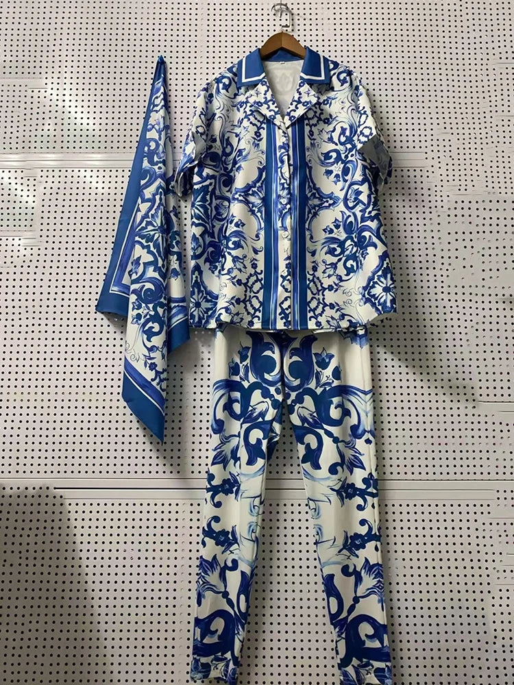 2026 women's retro geometric printed pajama style shirt two-piece set+elastic knitted cropped pants fashion set+scarf