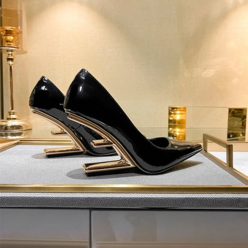 New Women Pumps 2026 Pointed Toe High Heels Ladies Letter Strange Heel Wedges Runway Party Wedding Dress Valentine Shoes