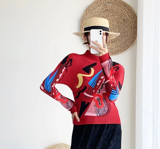 Miyake Pleated Contrasting Colors T-shirt Women Half Turtleneck Skinny Pullover 2025 Summer Fashion Female Clothing