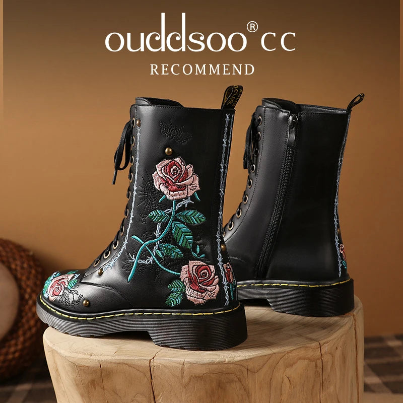 Ods Handmade Embroidery Rose Flower Retro Lace-up Mt Woman Genuine Leather Round Toe British Style Ankle Boots Big Size 40414243