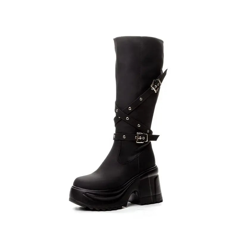 Fujin 10cm Microfiber Women Boots British Boots ZIP Synthetic Leather Ankle Spring Platform Wedge Knee High Fashion Autumn Shoes