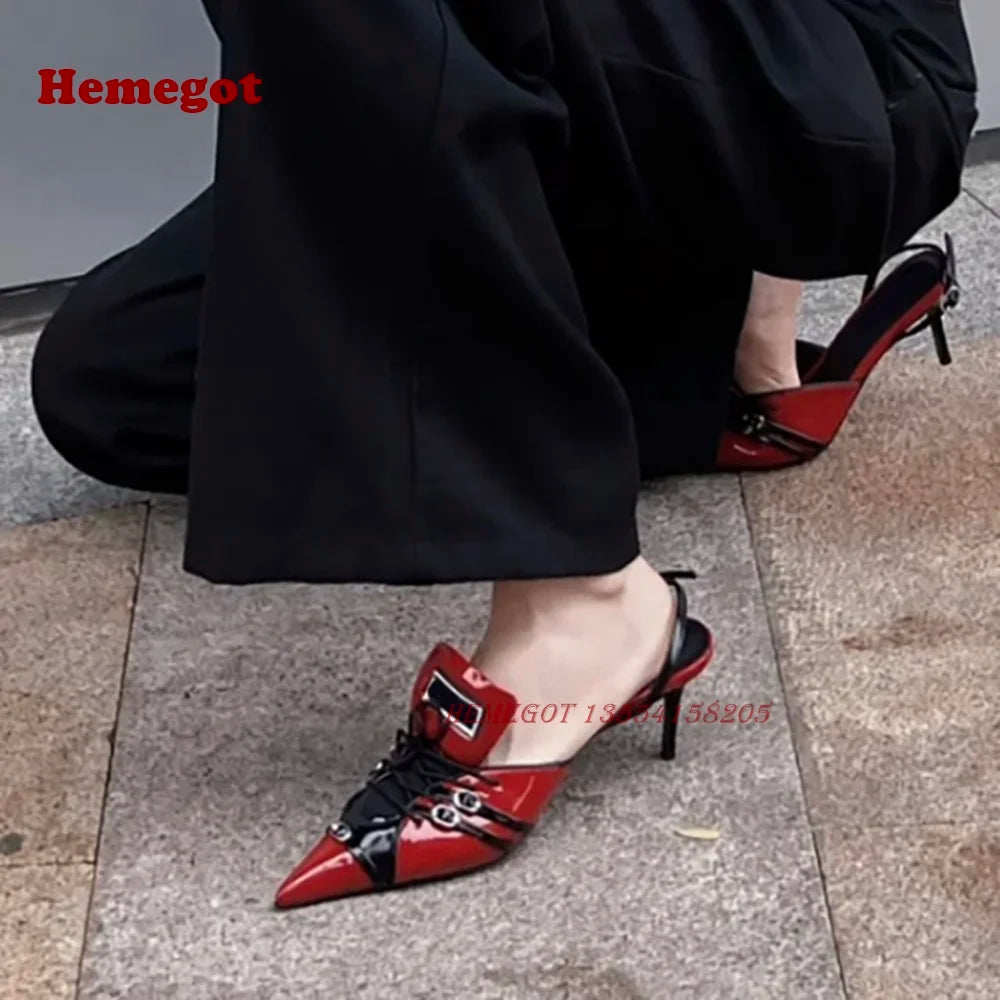 Red White Lace-Up Slingback Pumps Pointed Toe Thin Heel Buckle Women's Sandals 2024 Patchwork Mixed Color Party Shoes Luxury
